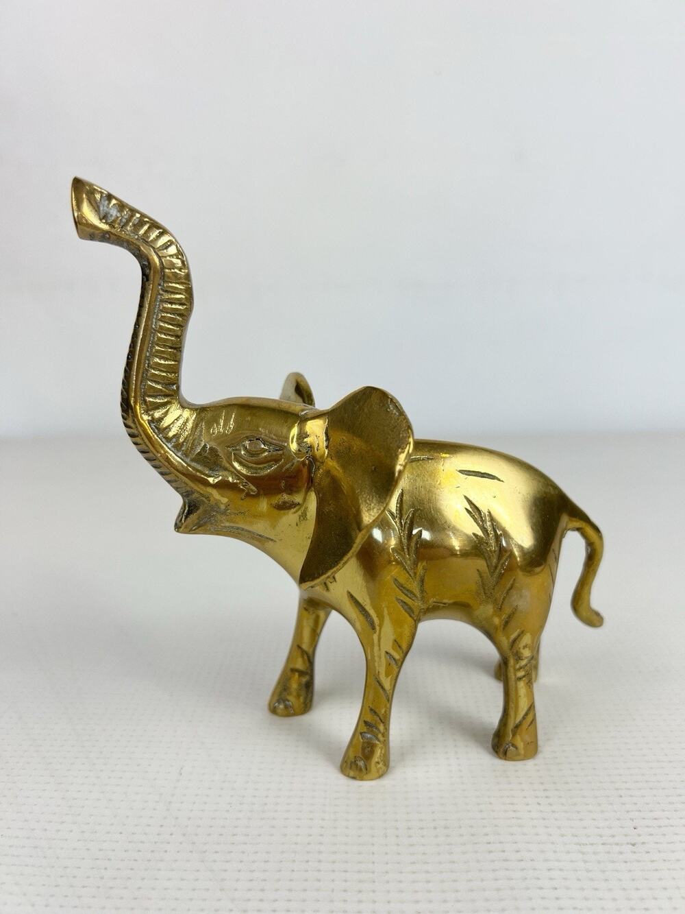 Vintage Solid Brass Elephant Figurine Statue Trunk Up 6.5"x6.25" Ears Out Lucky